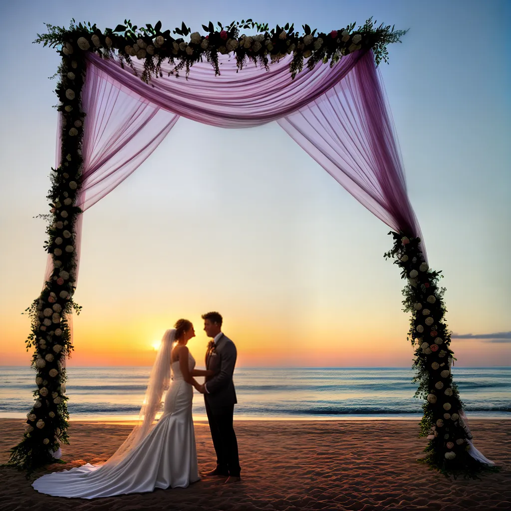 por do sol praia casamento arco floral