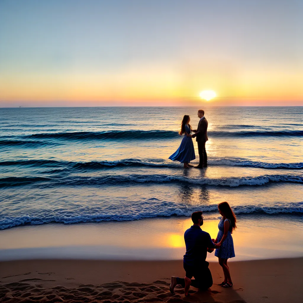por do sol praia casal anel pedido