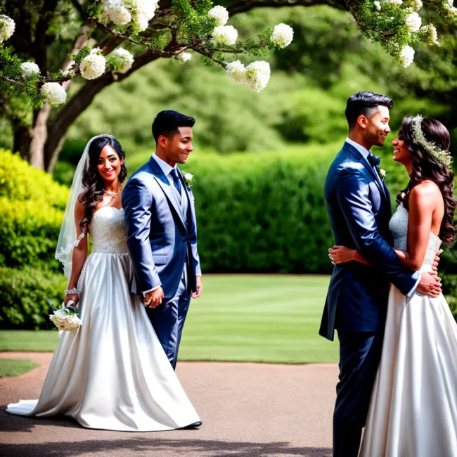 casal estiloso casamento elegante