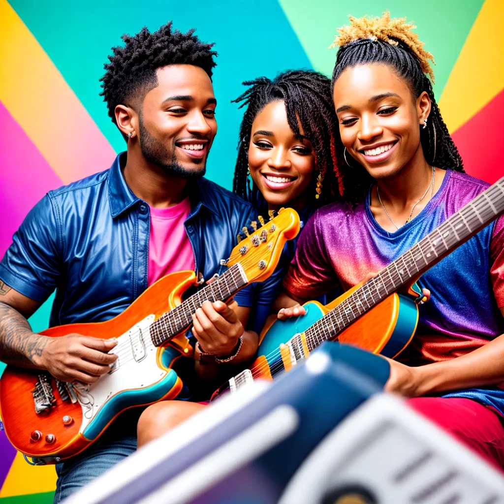 Casal de mãos dadas diante de instrumentos musicais