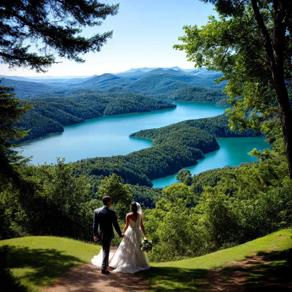 casal sustentavel natureza lago montanhas Casal de noivos à beira de um lago cercado de mata