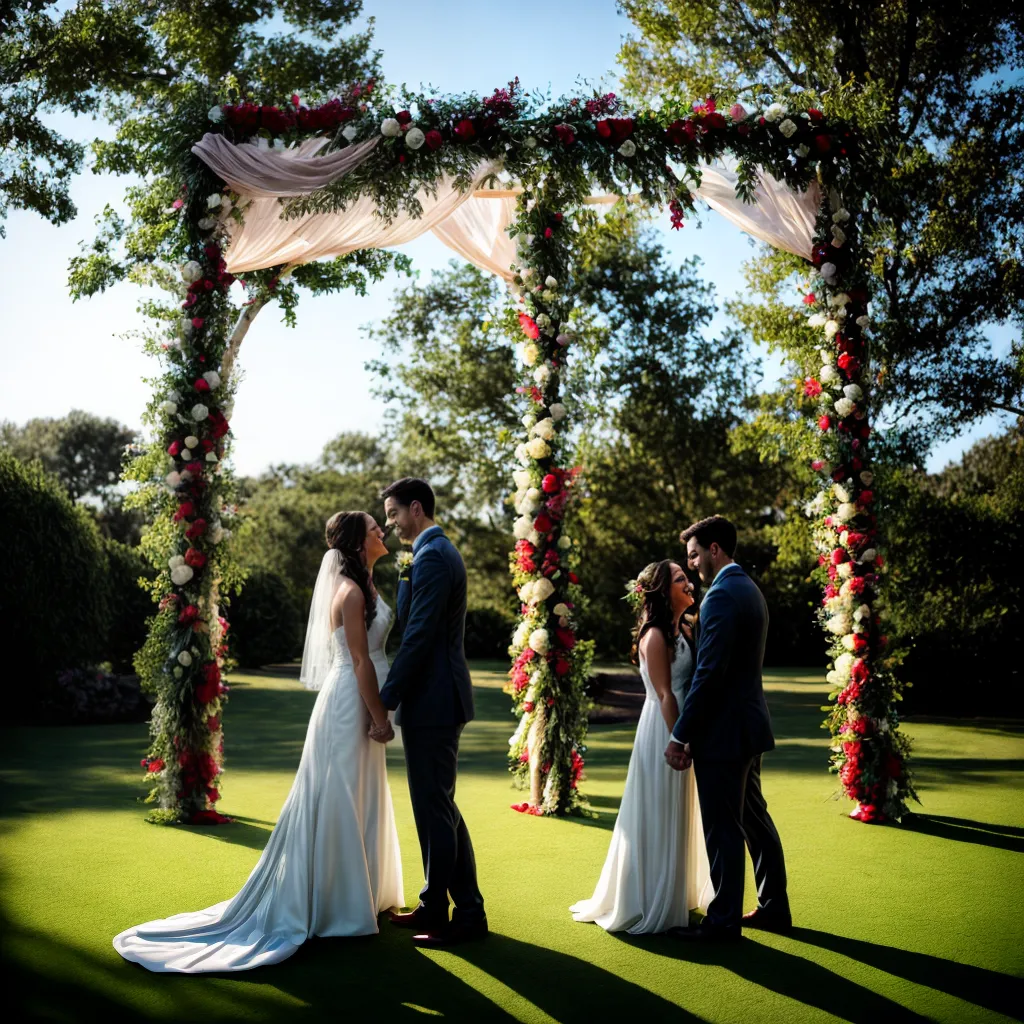 casal maos dadas arco casamento por do sol
