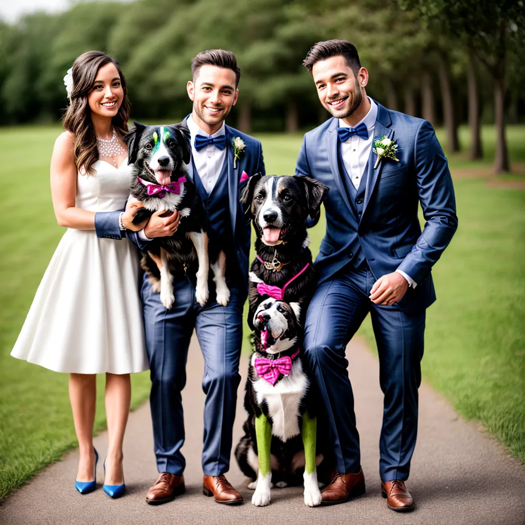 casal sorrindo cachorro vestido casamento