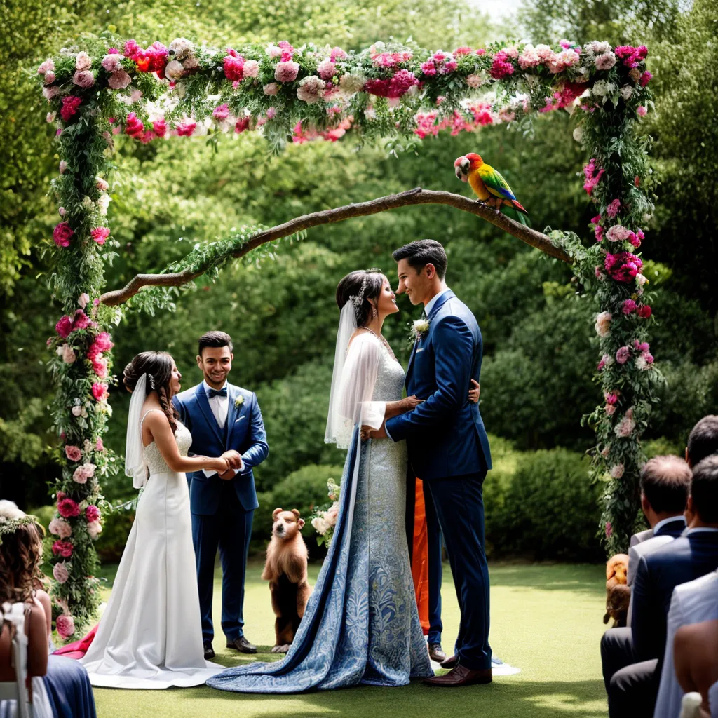 casamento ao ar livre noiva noivo arco floral pets