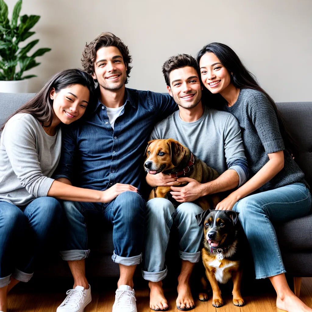 casal sorrindo cachorro gato sofa