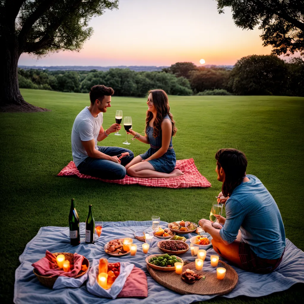 casal piquenique luzes romantico por do sol