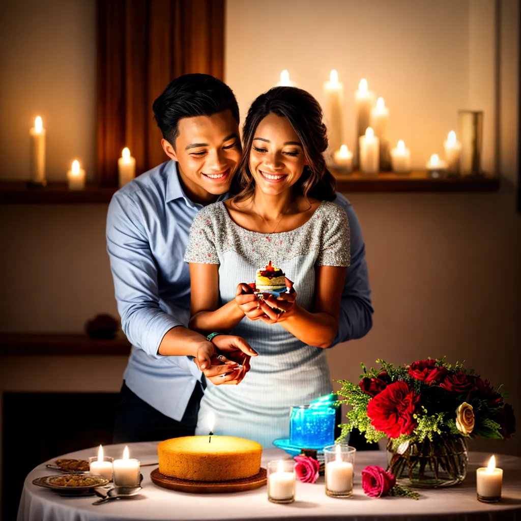 casal sorrindo mesa decorada aniversario