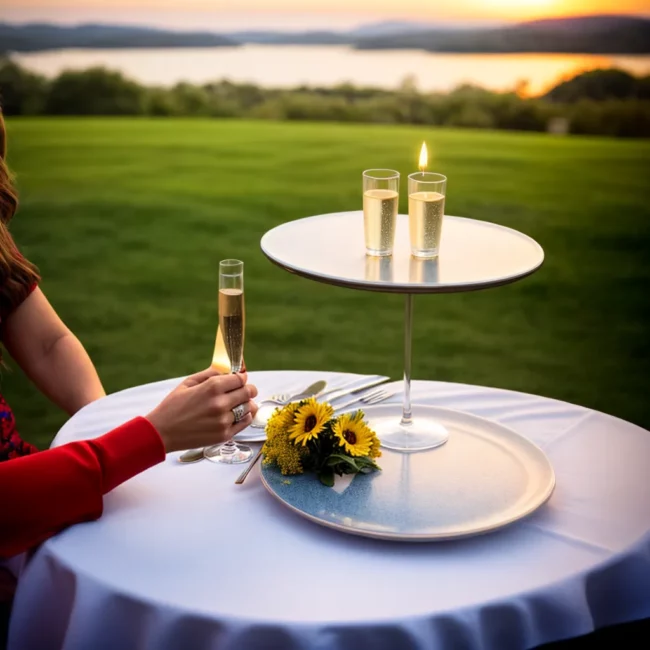 casal mesa decorada romantico por do sol