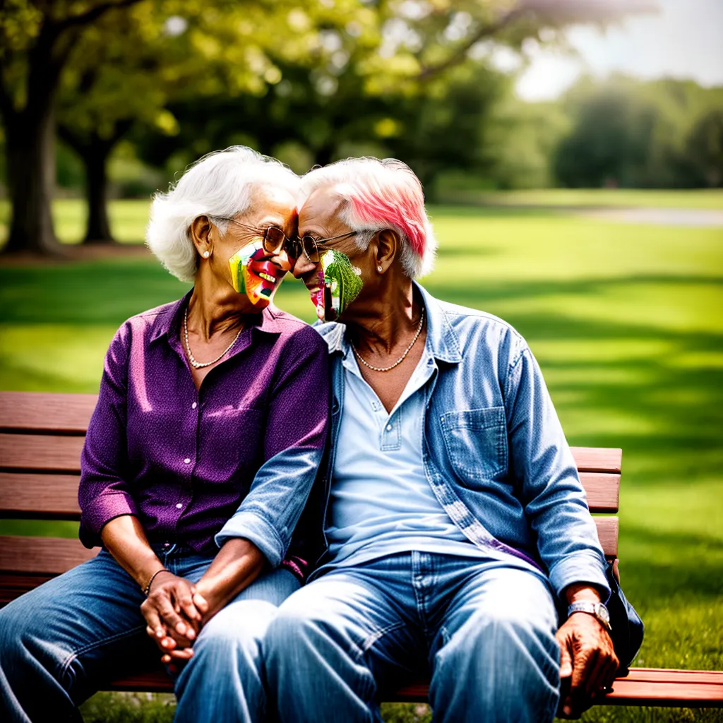 casal idoso banco parque por do sol