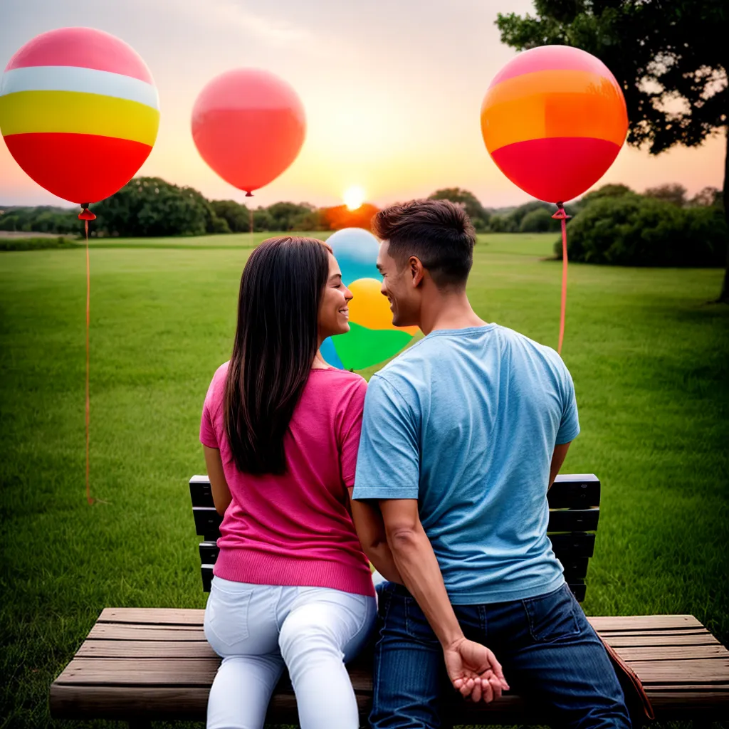 casal sorrindo bancoparque baloes piquenique