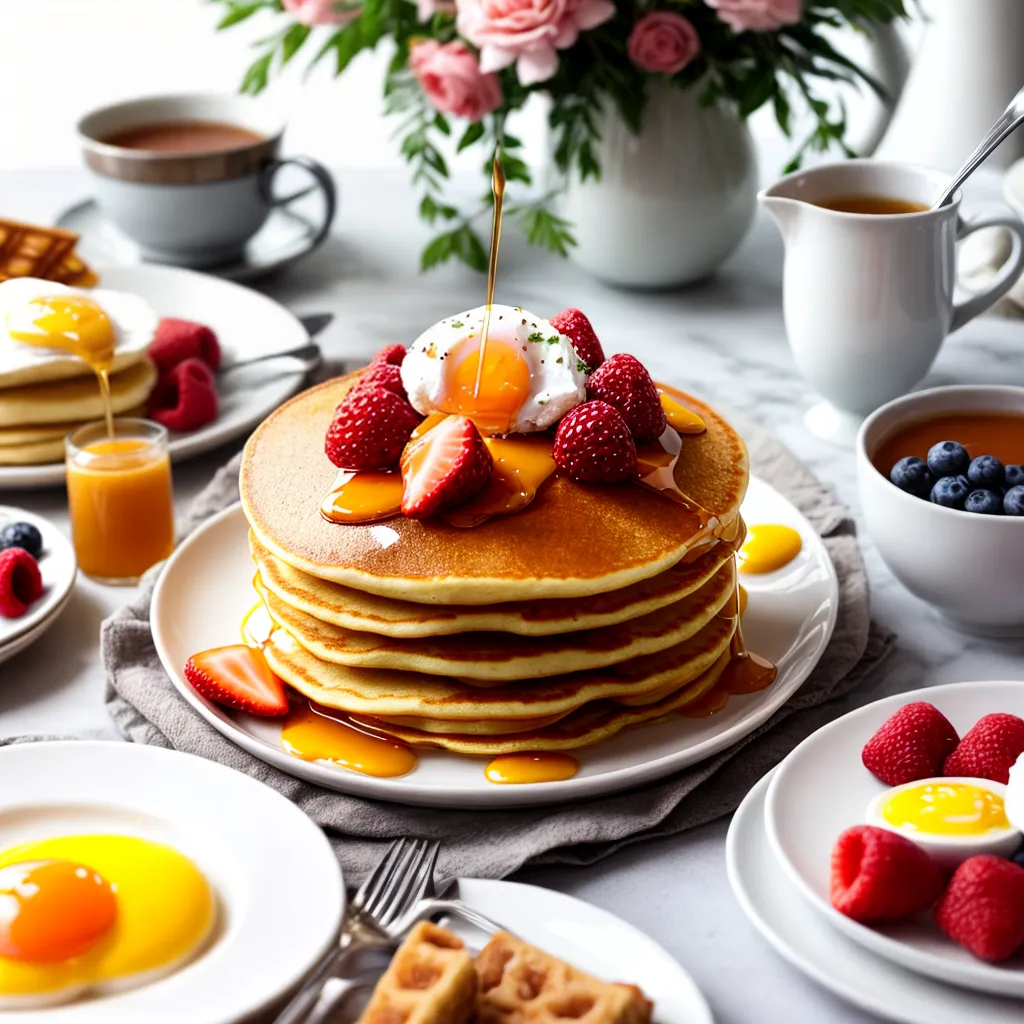 mesa brunch panquecas waffles ovos frutas