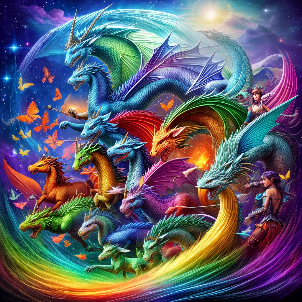 Ilustração personagens fantasia dragão cavaleiro fada unicórnio