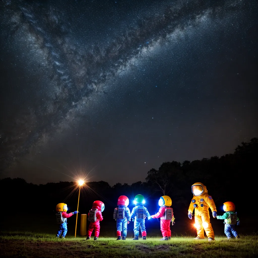 criancas astronautas brincando ceu estrelado Crianças astronautas brincando céu estrelado
