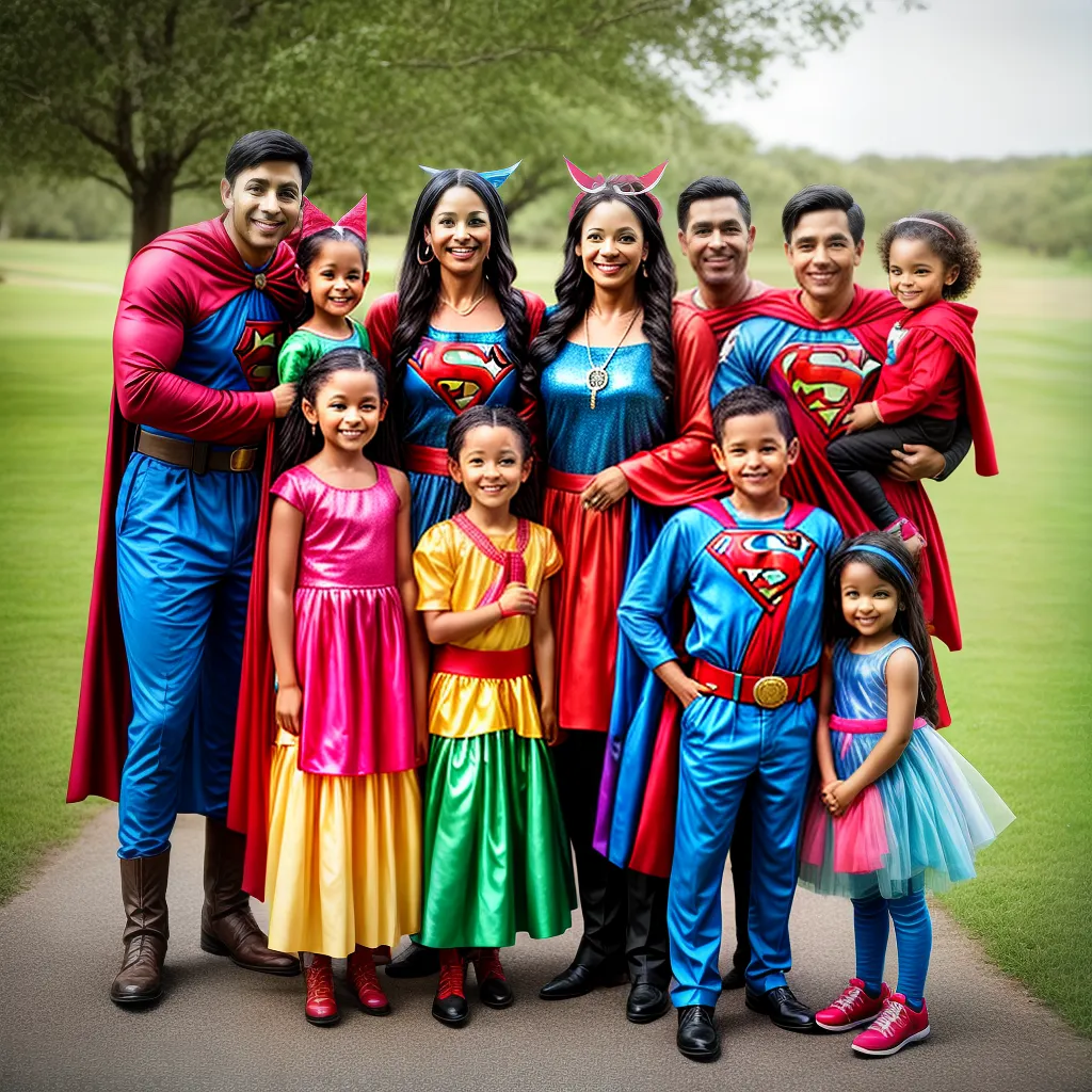 Família alegre fantasias super-heróis fadas