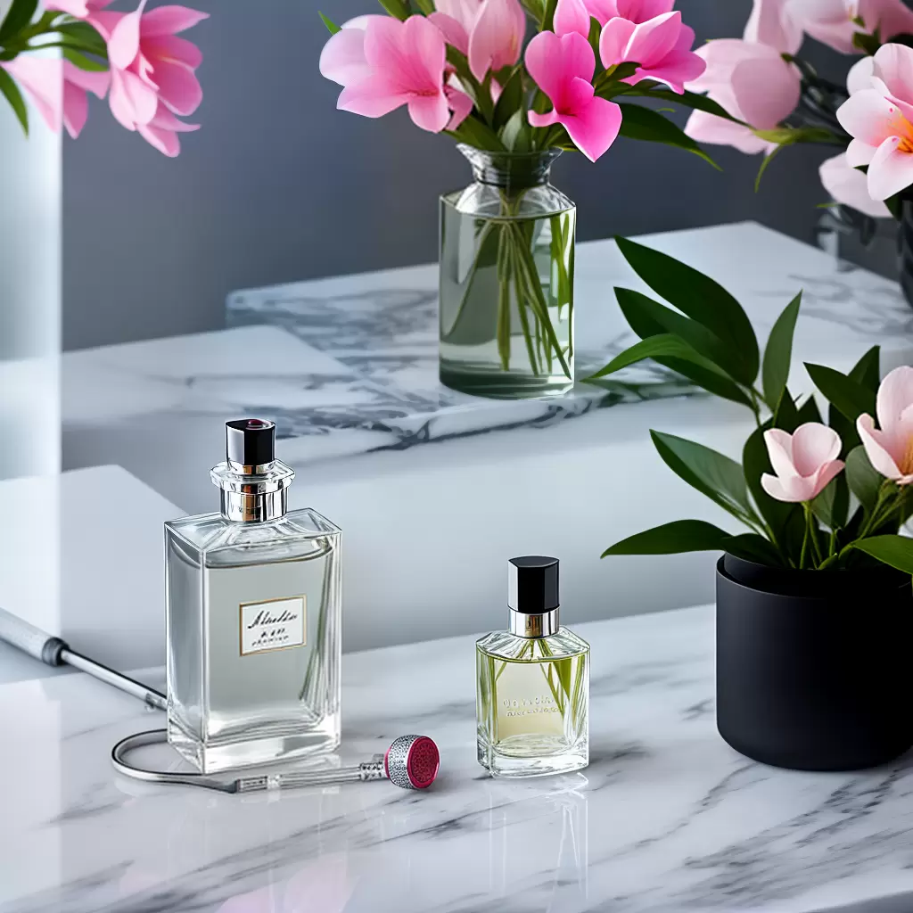 Fotos perfume frasco vidro flores equipamento