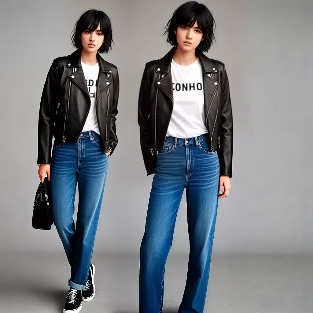 Fotos mulher jeans camiseta jaqueta couro