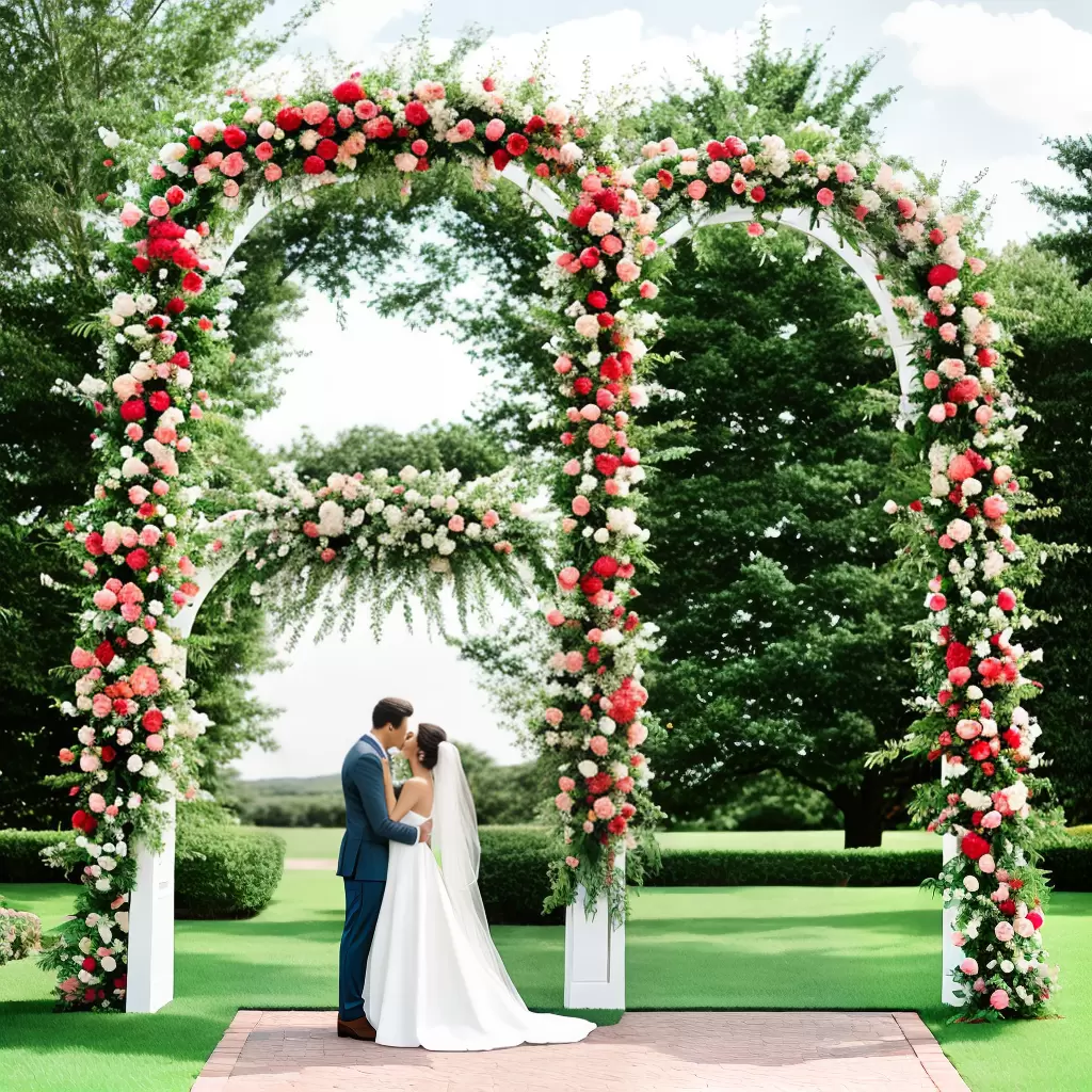 Fotos casamento arco flores noivos verao