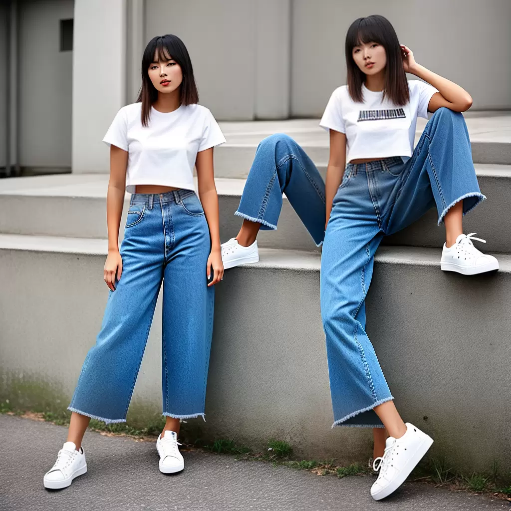 Fotos jeans cintura alta camiseta cropped sneakers chunky Fotos jeans cintura alta camiseta cropped sneakers chunky