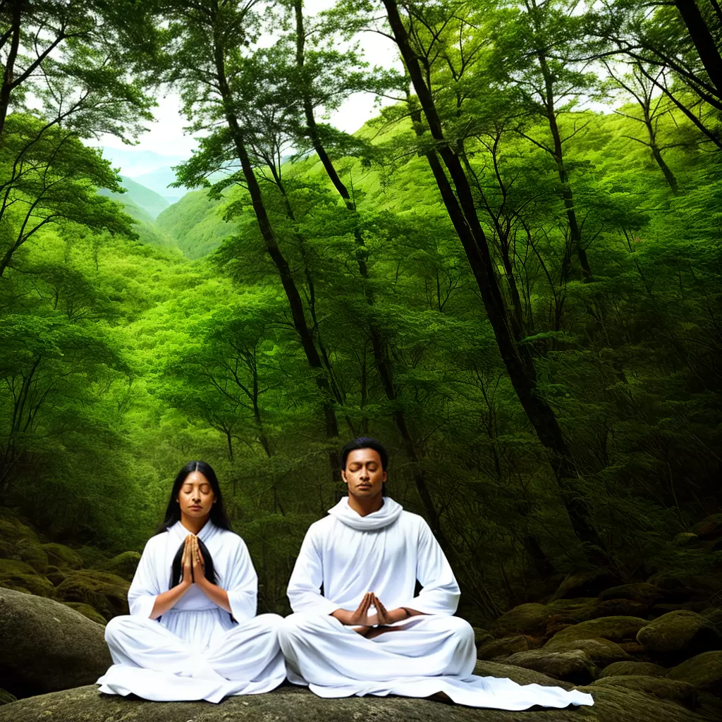 Fotos casal meditando natureza branca Fotos casal meditando natureza branca