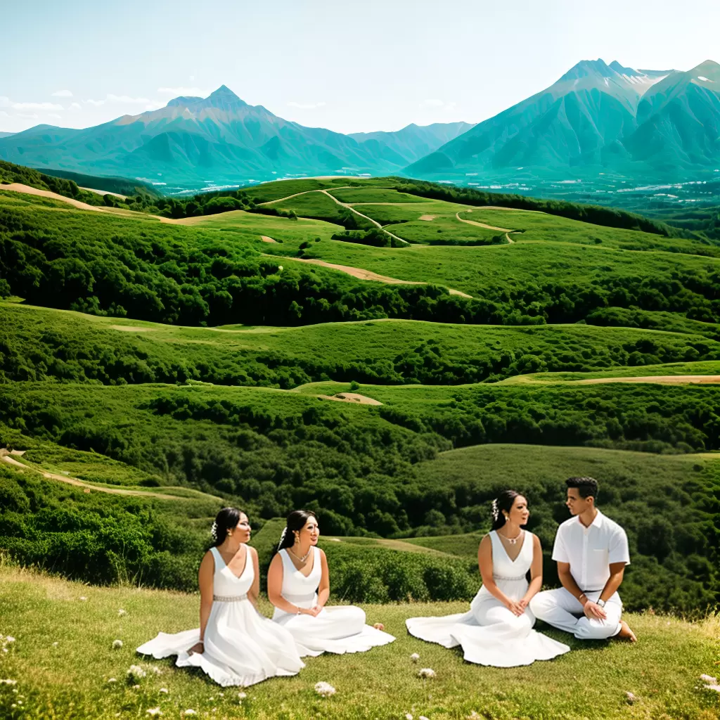 Fotos casal meditando montanha vestido branco Fotos casal meditando montanha vestido branco
