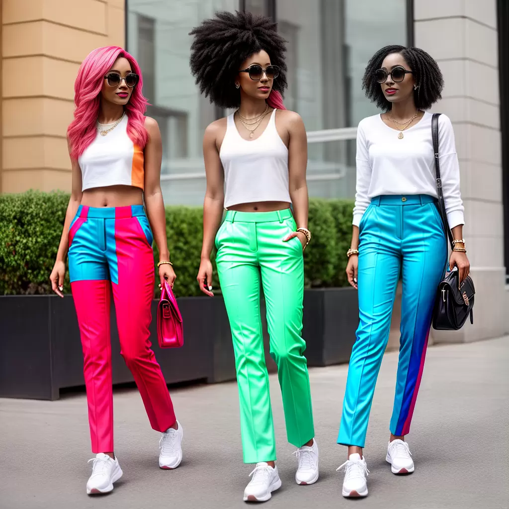 Fotos cores ousadas estilo calca fashion