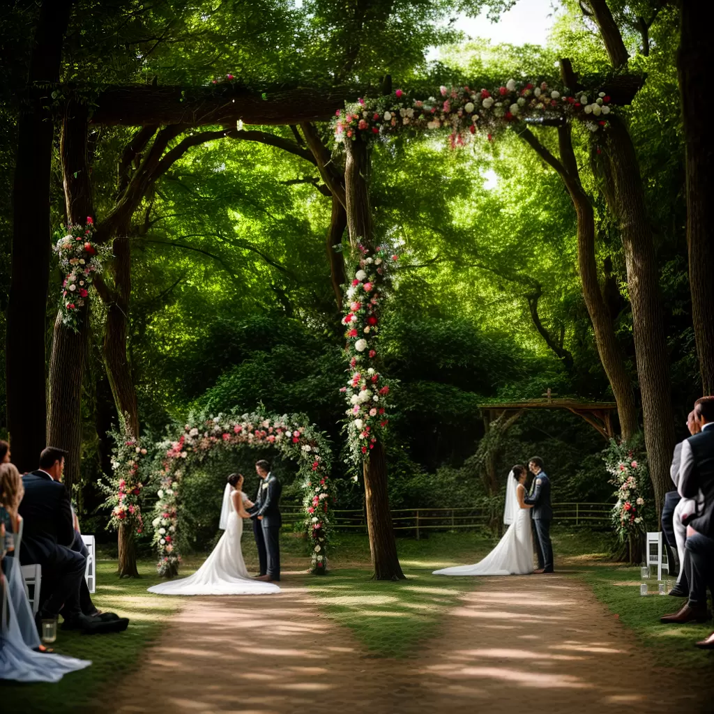 Fotos casamento floresta arco flores luzes