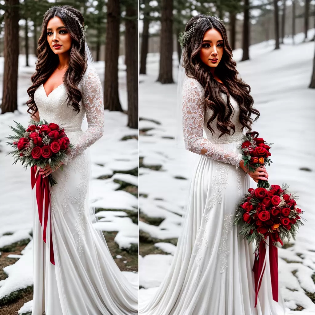 Fotos noiva inverno floresta vestido fur rosas