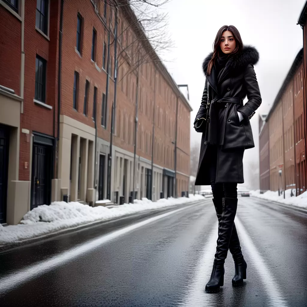 Fotos mulher casaco preto botas neve Fotos mulher casaco preto botas neve