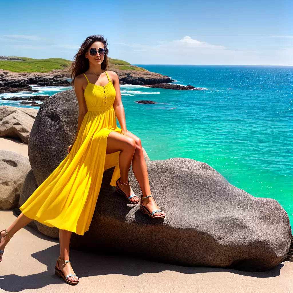 Fotos vestido amarelo ceu mar sandalia verao