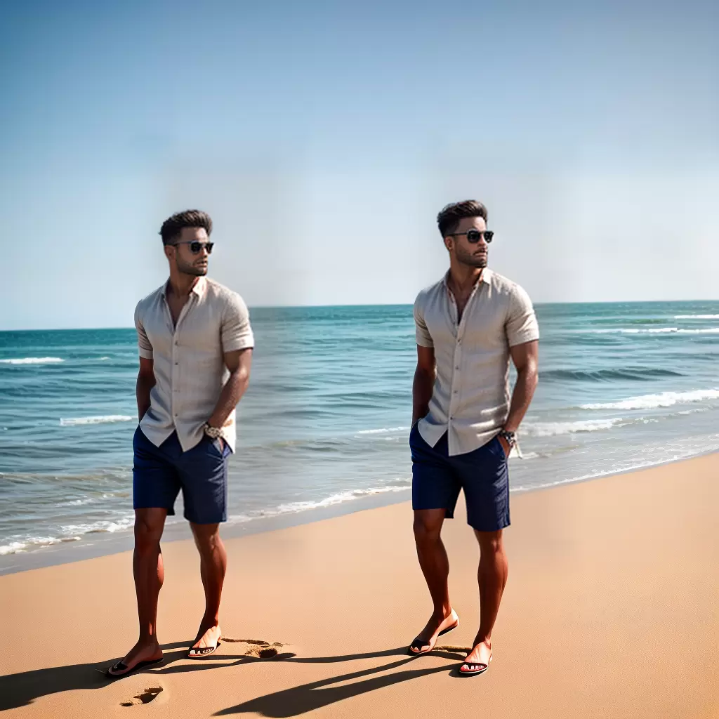 Fotos homem camisa linho bege bermuda navy sandalia couro