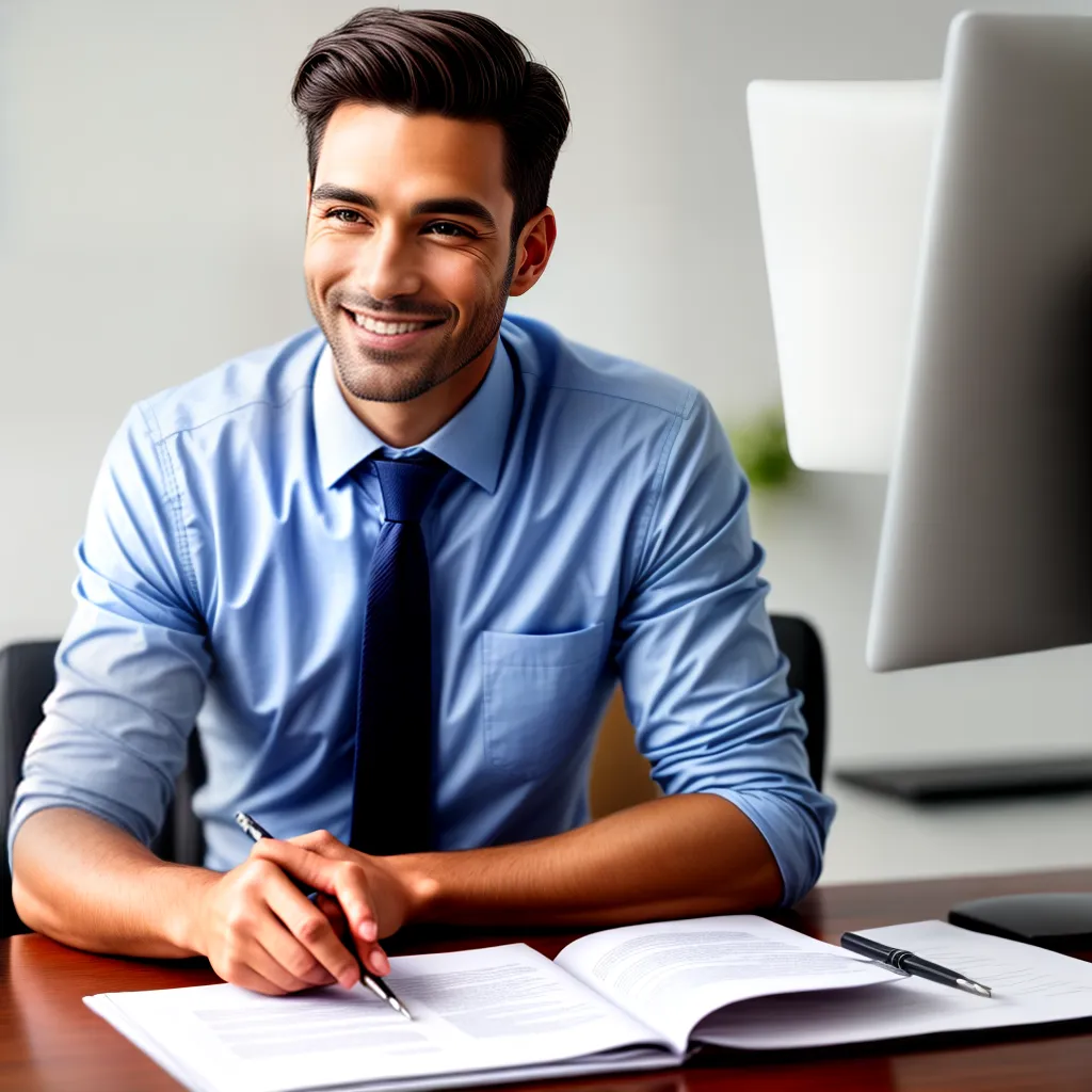 homem profissional sorrindo mesa organizada
