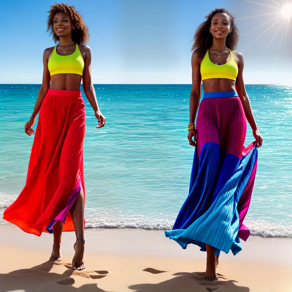 mulher praia saia maxi colorida