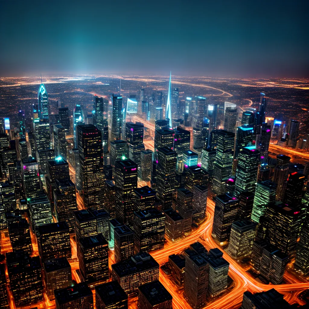 cidade futurista noite arranha ceus