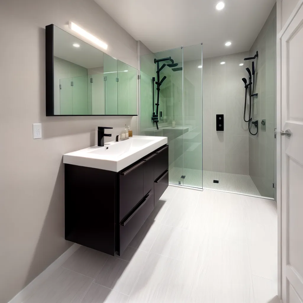banheiro moderno tiles branco preto madeira