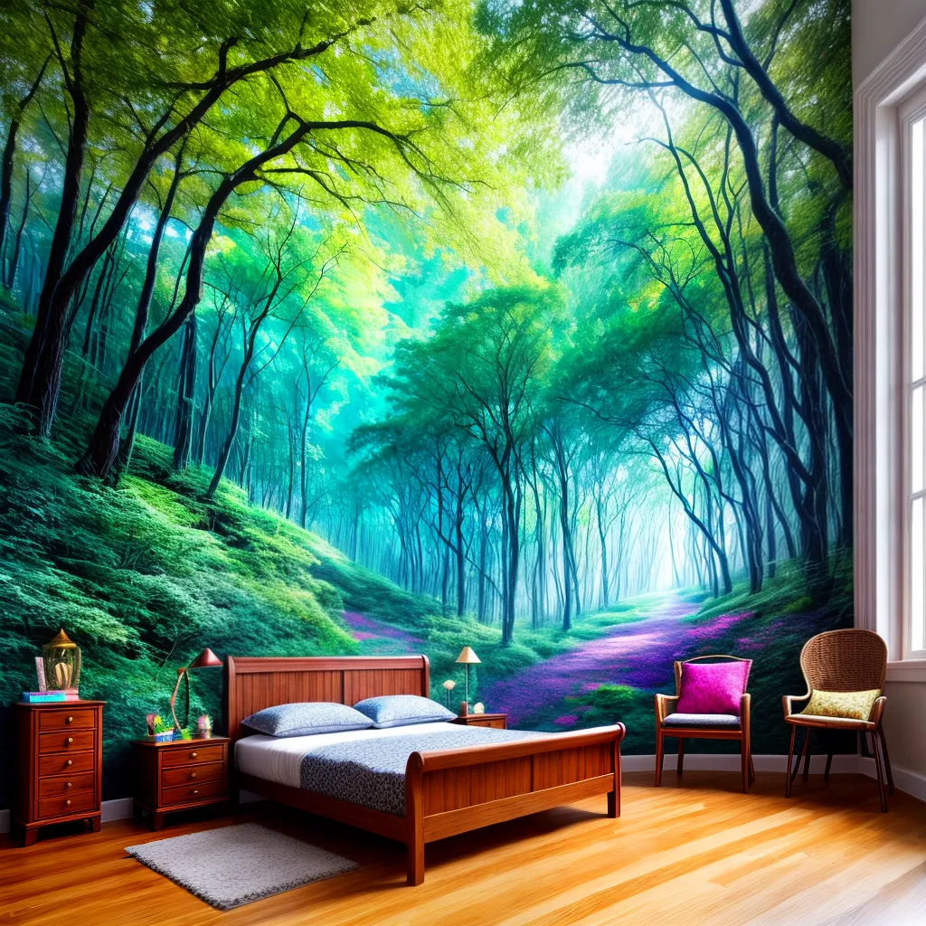 quarto magico mural floresta colorida