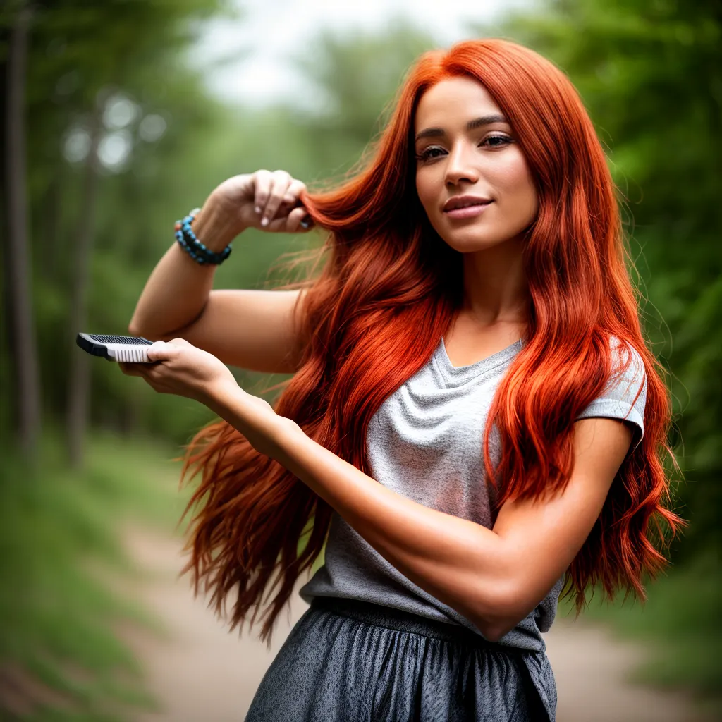 mulher cabelo vermelho natural pente madeira