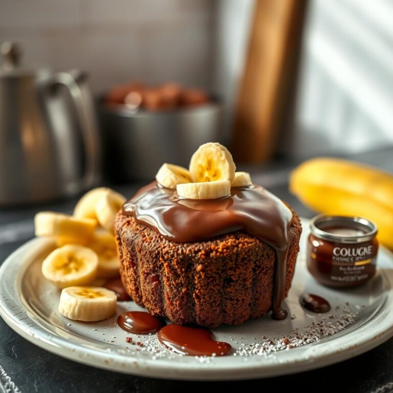Bolo de Caneca de Banana com Calda de Dark Chocolate e Colágeno