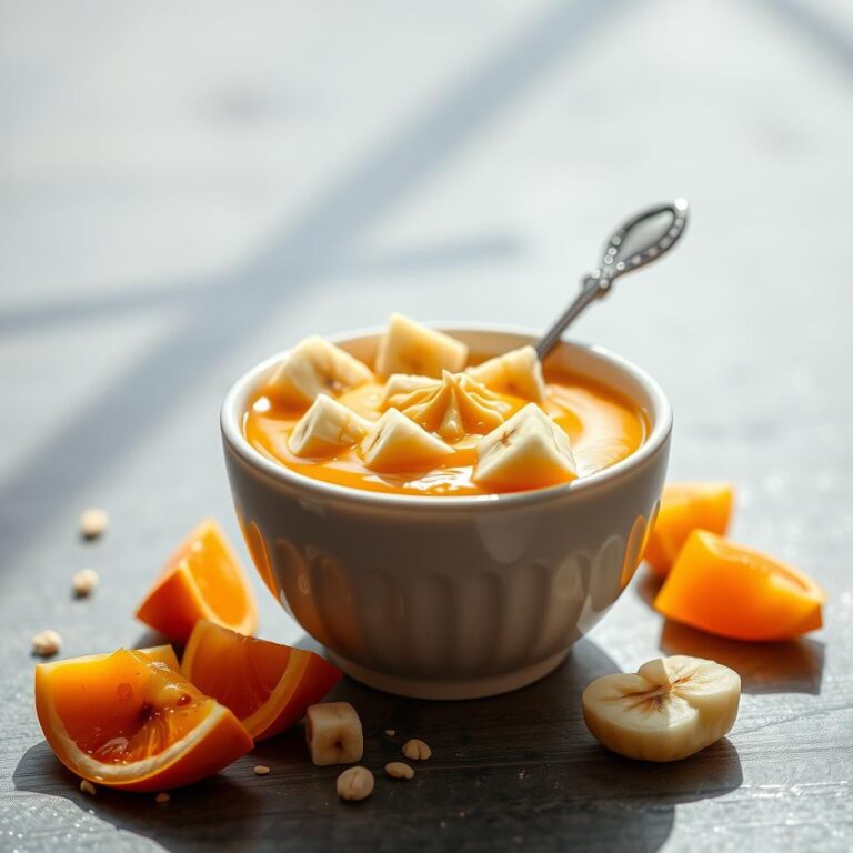 Creminho de Mamão e Maracujá com Mucilon Banana, Maçã e Quinoa.