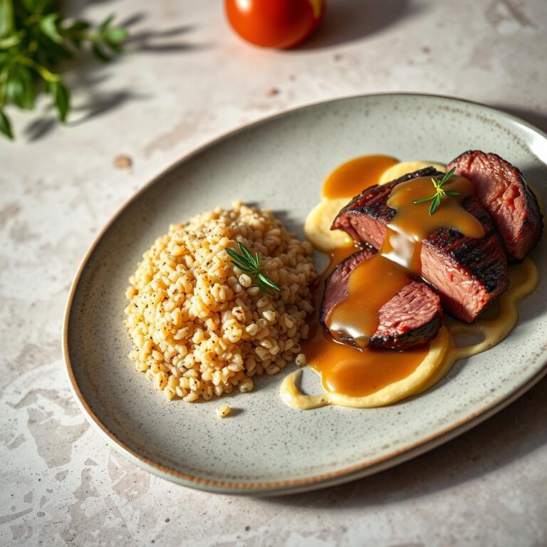 Panqueca de Quinoa com Filé Mignon e Molho de Abóbora sem Glúten
