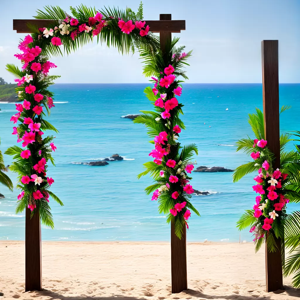 Fotos buque tropical praia casamento arco madeira
