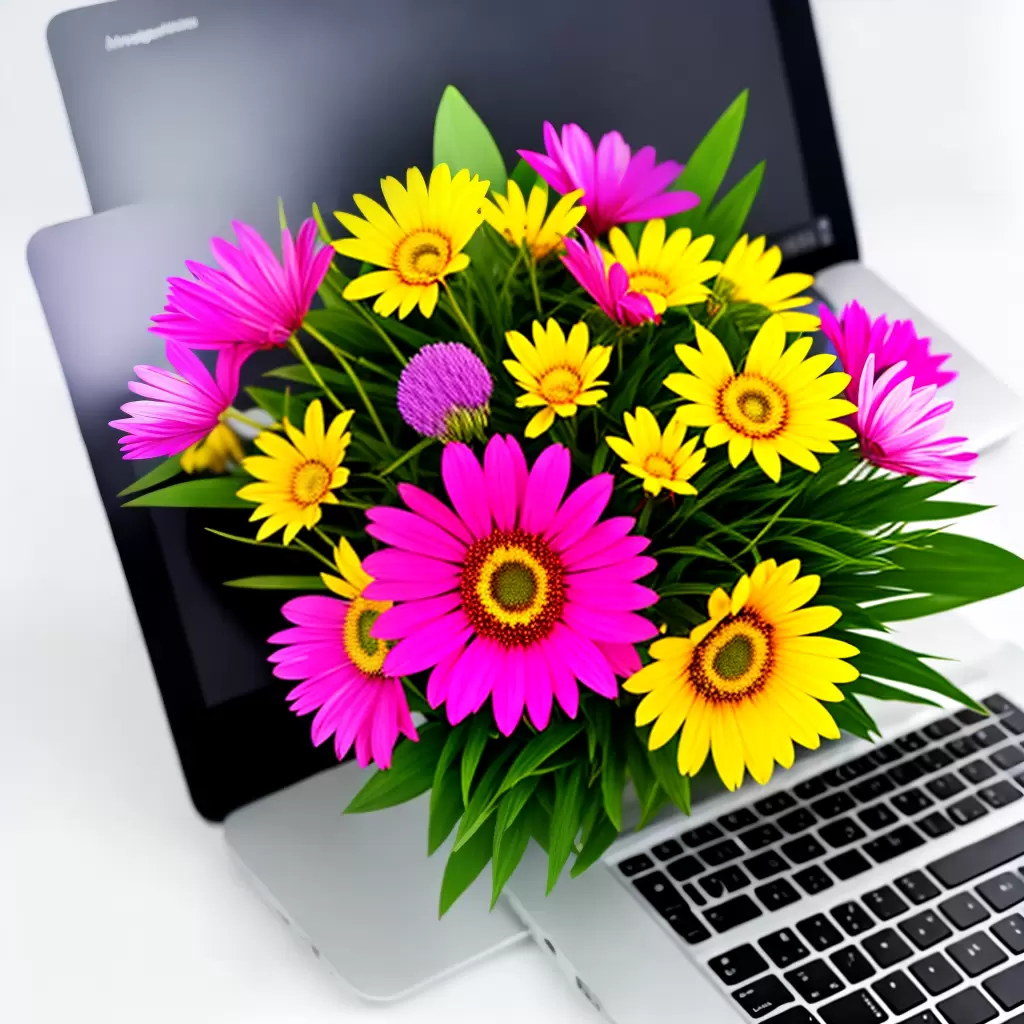 Fotos flores coloridas buque laptop trabalho Fotos flores coloridas buque laptop trabalho