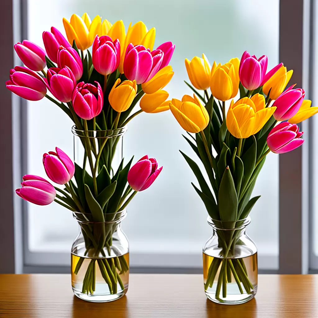 Fotos buque tulipas rosa amarelo vidro madeira