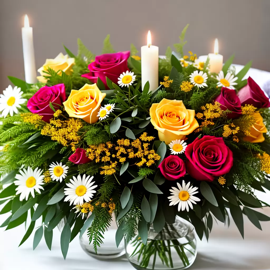 Fotos arranjo flores coloridas velas