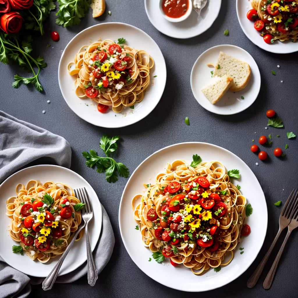 Fotos pasta flores comestiveis molho tomate