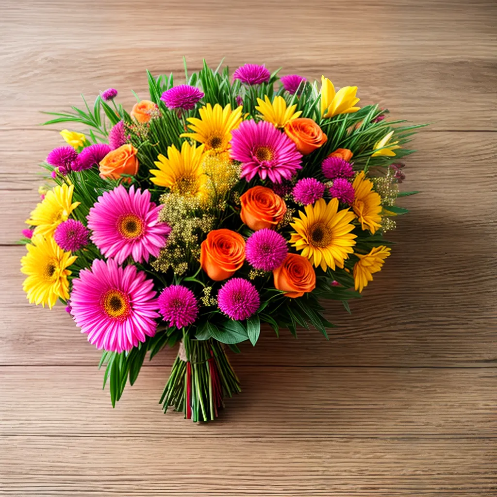 bouquet flores colorido mesa rustica