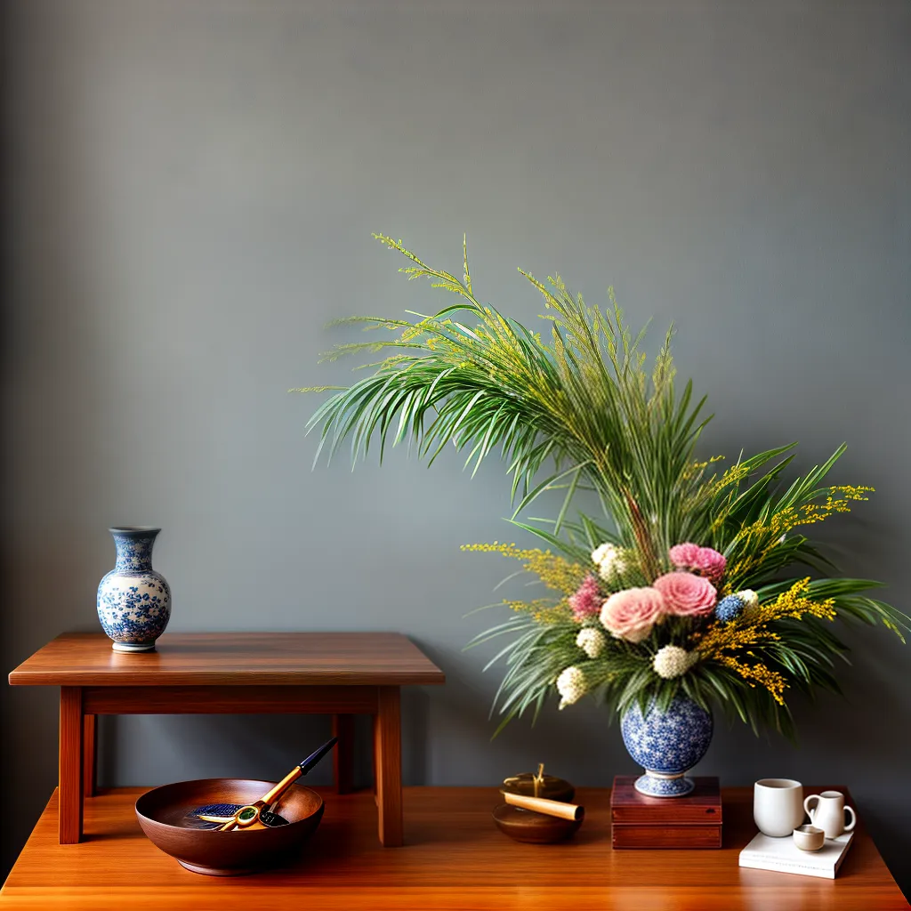 ikebana arranjo flores mesa madeira ikebana arranjo flores mesa madeira