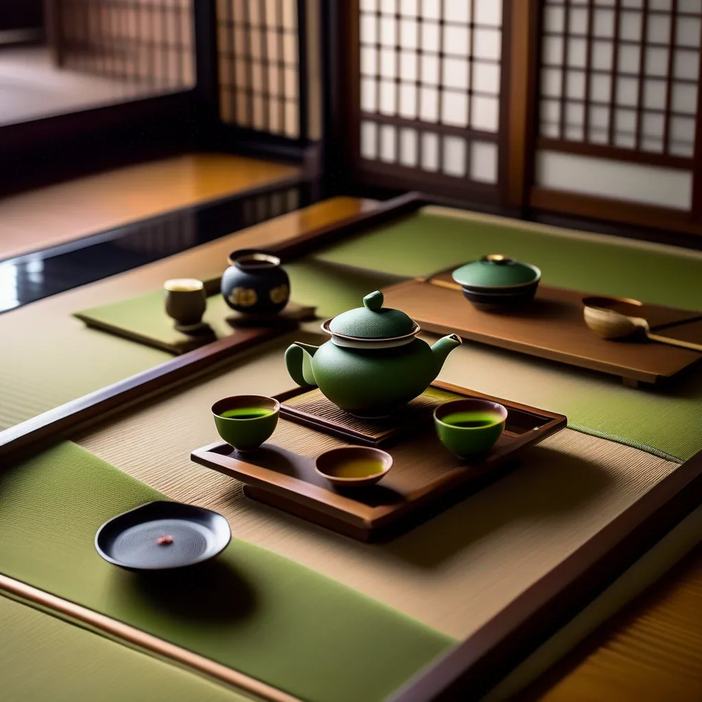 conjunto cha madeira tatami matcha jardim zen