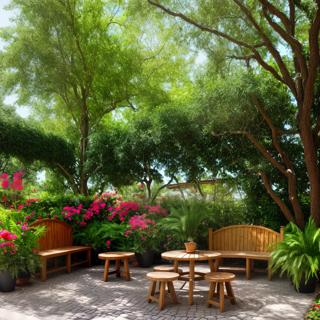 jardim decorado tronco flores bancos