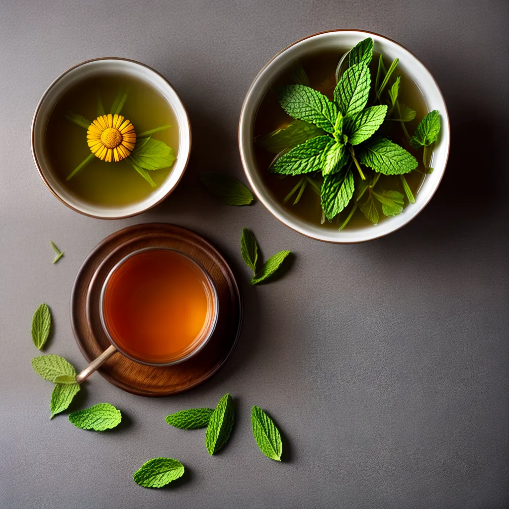 cha camomila folhas mint mesa madeira