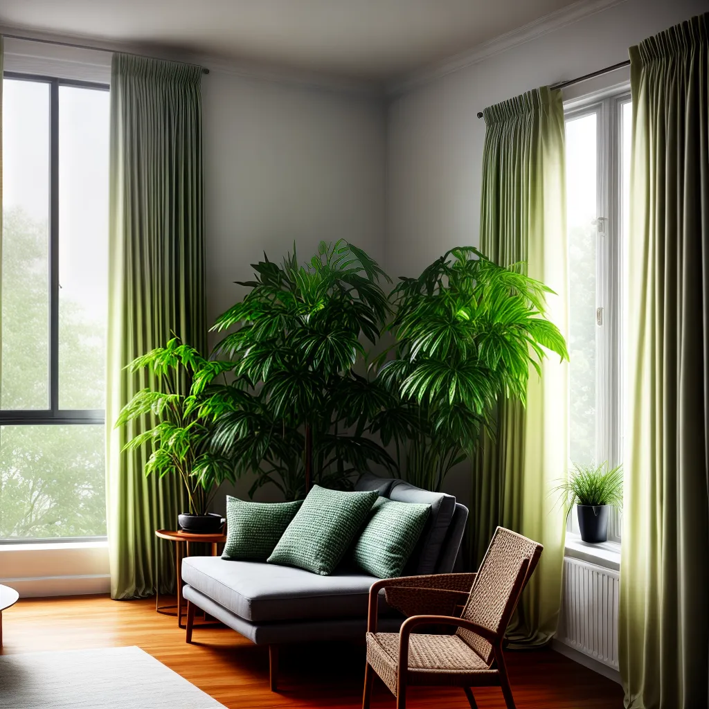 sala estar janela cortinas planta serpente